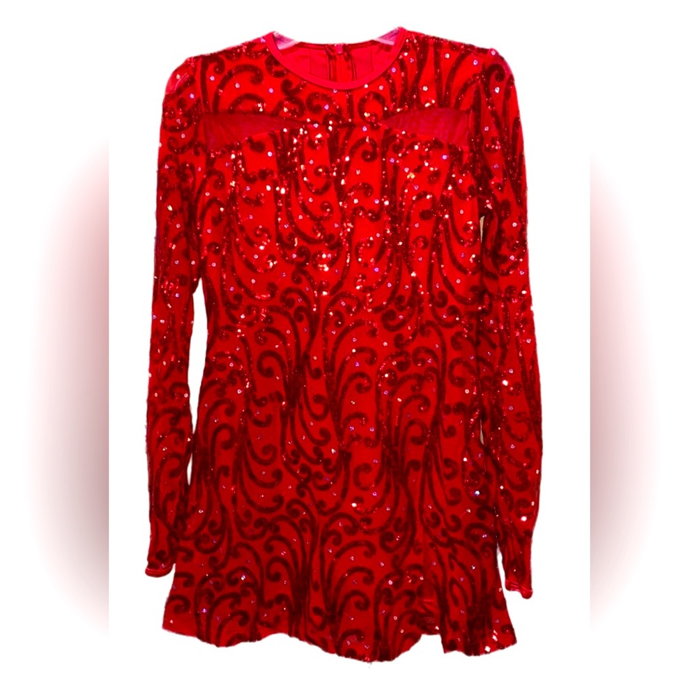 RED SEQUIN ROMPER/DRESS, SWIRL DECOR, LONG SLEEVES, REAR ZIP SZ M/L NO T…
